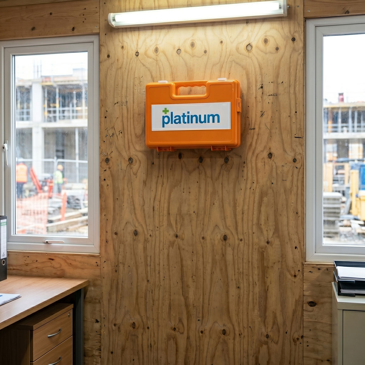 first aid kit mounted to construction site office wall