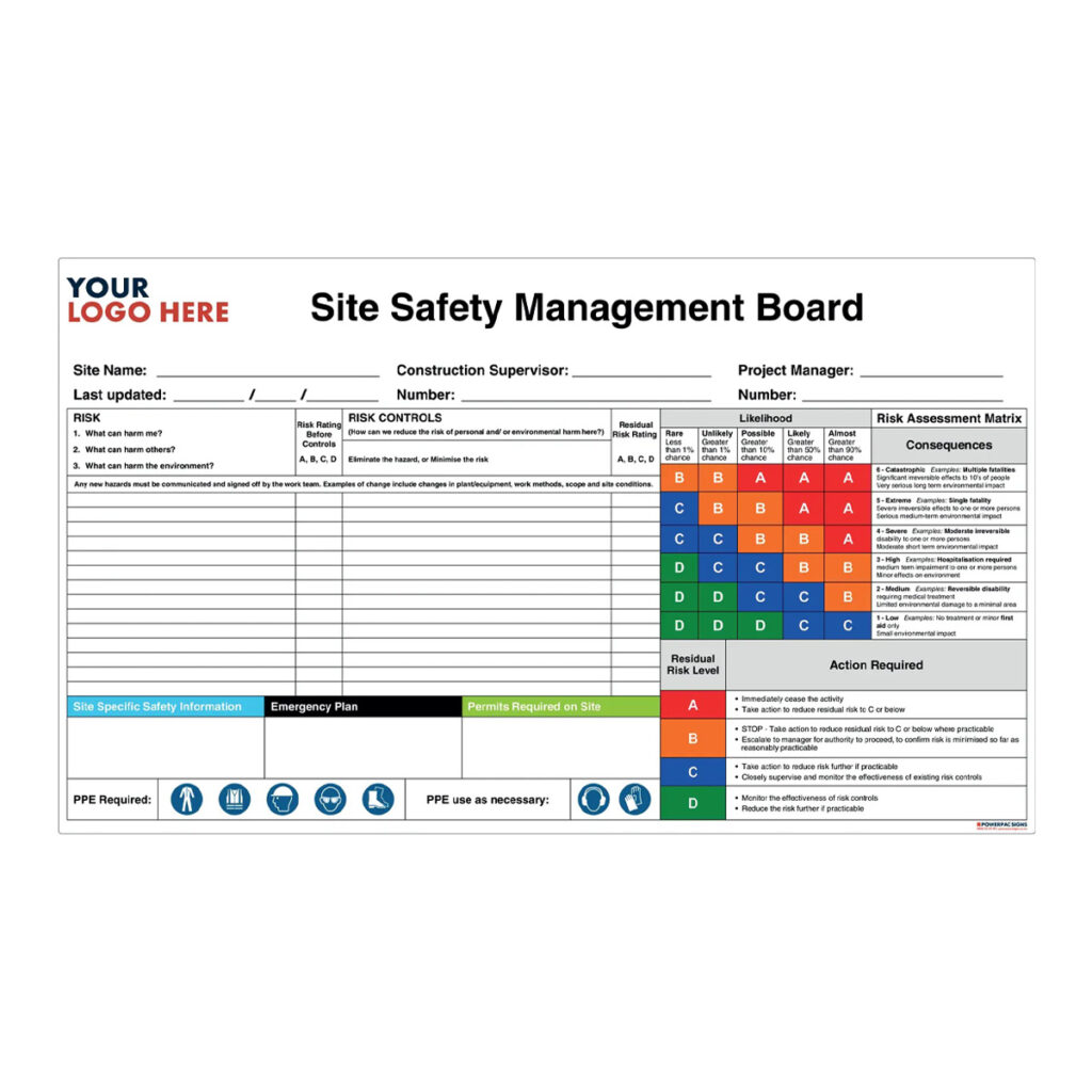 Site Safety Management Board with Risk Matrix - 2400mm x 1200mm